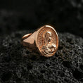 Load image into Gallery viewer, Rose gold plated Virgin Mary oval signet ring on volcanic stone, Marian devotional jewelry, clean luxury lighting