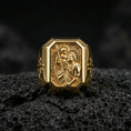 Load image into Gallery viewer, Gold plated St Christopher signet ring on dark volcanic rock, patron saint of travelers ring, cross side motif close-up