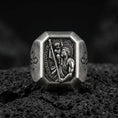 Load image into Gallery viewer, Oxidized sterling silver St Christopher signet ring on volcanic rock, patron saint traveler relief, cross side detail