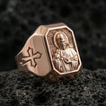 Load image into Gallery viewer, Rose gold plated St Francis ring on volcanic stone, saint relief signet, religious jewelry gift