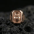 Load image into Gallery viewer, Rose gold plated cross heart signet ring on volcanic stone, sacred heart flame emblem, Christian gift