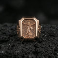 Load image into Gallery viewer, Rose gold plated St Michael archangel signet ring on volcanic stone, angel protector relief, religious statement ring