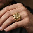 Load image into Gallery viewer, Gold plated Saint Benedict ring worn on finger, religious signet jewelry, Catholic gift for men