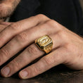 Load image into Gallery viewer, Gold plated Our Lady of Guadalupe ring worn on finger, Catholic religious signet, meaningful gift for him