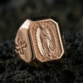 Load image into Gallery viewer, Rose gold plated Our Lady of Guadalupe ring on volcanic stone, religious signet style, Virgin Mary icon carving