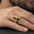 Load image into Gallery viewer, Gold plated Jesus Christ ring worn on finger, Christian religious signet, meaningful gift for him