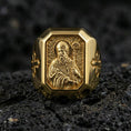Load image into Gallery viewer, Gold plated St Patrick signet ring on dark volcanic rock, bishop staff relief, cross shoulder detail close-up