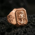 Load image into Gallery viewer, Rose gold plated Jesus crown of thorns ring on volcanic stone, Christ portrait engraving, religious men’s signet style