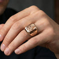 Load image into Gallery viewer, Rose gold plated Madonna and Child signet ring worn on finger, Virgin Mary crowned engraving, Catholic prayer ring gift