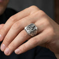 Load image into Gallery viewer, Oxidized sterling silver Virgin Mary signet ring worn on finger, crowned Madonna and Child relief, Catholic faith jewelry