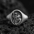 Load image into Gallery viewer, Oxidized sterling silver St Christopher signet ring on volcanic rock, patron saint traveler relief, Catholic protection ring