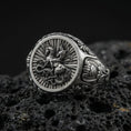 Load image into Gallery viewer, Oxidized sterling silver St George signet ring on volcanic rock, saint slaying dragon relief, Christian protector ring