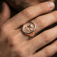 Load image into Gallery viewer, Rose gold plated Mother Mary ring worn on finger, Sacred Child cameo detail, Catholic faith statement ring