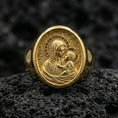 Load image into Gallery viewer, Gold plated Madonna and Child ring on dark volcanic rock, Virgin Mary relief engraving, Catholic gift jewelry