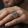 Load image into Gallery viewer, Oxidized Jesus signet ring worn on finger, bold Christian ring with crown of thorns Savior face