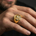 Load image into Gallery viewer, Gold plated Padre Pio ring worn on finger, saint portrait design, Catholic devotional gift for him