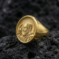 Load image into Gallery viewer, Gold plated Padre Pio signet ring on dark volcanic rock, saint portrait design, Catholic faith jewelry gift