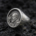 Load image into Gallery viewer, Oxidized 925 sterling silver Padre Pio signet ring on volcanic rock, saint portrait relief, Catholic devotional jewelry