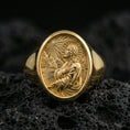 Load image into Gallery viewer, Gold plated Jesus Christ ring on volcanic stone, faith signet ring with halo relief