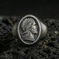 Load image into Gallery viewer, Oxidized sterling silver Jesus signet ring on volcanic rock, Christ portrait side profile relief