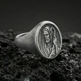 Load image into Gallery viewer, Oxidized 925 sterling silver Jesus Shepherd signet ring on volcanic rock, sacred portrait relief, Christian jewelry