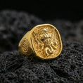 Load image into Gallery viewer, Gold plated Lord Ganesha signet ring on dark volcanic rock, elephant god motif, Hindu protection jewelry
