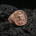 Load image into Gallery viewer, Rose gold plated Lord Ganesha ring on volcanic stone, ornate Indian pattern background, sacred symbol accessory