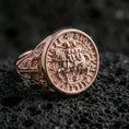 Load image into Gallery viewer, Rose gold plated Knights Templar ring on volcanic stone, Templar seal engraving, historical crusader symbol ring