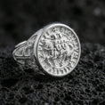Load image into Gallery viewer, Polished silver Knights Templar ring on porous volcanic stone, Templar seal signet, medieval crusader style