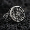 Load image into Gallery viewer, Oxidized 925 sterling silver Knights Templar Secretum Templi ring on volcanic rock, medieval sigil seal signet