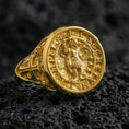 Load image into Gallery viewer, Gold plated Knights Templar Secretum Templi signet ring on dark volcanic rock, medieval crusader seal jewelry