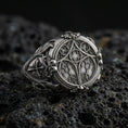 Load image into Gallery viewer, Oxidized 925 sterling silver cathedral symbol signet ring on volcanic rock, gothic stained glass inspired design