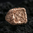 Load image into Gallery viewer, Rose gold plated St George dragon slayer signet ring on volcanic stone, ornate filigree frame, Christian knight jewelry