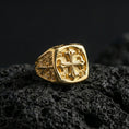 Load image into Gallery viewer, Gold plated sterling silver crusader cross signet ring on dark volcanic rock, medieval faith cross design, statement jewelry