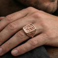 Load image into Gallery viewer, Rose gold plated INRI cross ring worn on finger, cathedral-inspired crucifixion design, unique faith gift ring