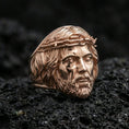 Load image into Gallery viewer, Rose gold plated Jesus crown of thorns ring on volcanic stone, sculpted Christ face, faith-inspired statement ring