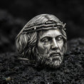 Load image into Gallery viewer, Oxidized 925 sterling silver Jesus head ring on volcanic rock, crown of thorns relief, realistic portrait statement jewelry