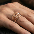 Load image into Gallery viewer, Rose gold plated baroque cross signet ring worn on finger, ornamental vintage style, faith-based statement ring