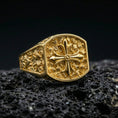 Load image into Gallery viewer, Gold plated sterling silver baroque cross ring on dark volcanic rock, octagon signet, ornamental faith symbol jewelry