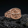 Load image into Gallery viewer, Rose gold plated baroque cross signet ring on volcanic stone, octagonal face, elegant Christian symbol ring