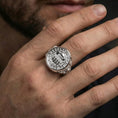 Load image into Gallery viewer, Polished silver Knights Templar seal ring worn on finger, cathedral dome emblem, detailed medieval cross shoulders
