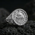Load image into Gallery viewer, Polished silver Knights Templar seal signet ring on porous volcanic stone, cathedral dome emblem, detailed cross shoulder engraving