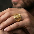 Load image into Gallery viewer, Gold plated Saint Anthony of Padua signet ring worn on finger, saint and Child Jesus motif, Catholic faith statement ring