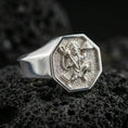 Load image into Gallery viewer, Polished silver Hanuman signet ring on porous volcanic stone, octagonal signet face with engraved Hindu deity and clean band