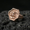 Load image into Gallery viewer, Rose gold plated Saint Michael signet ring on volcanic stone, octagon face angel battle relief with warm luxury tone