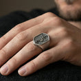 Load image into Gallery viewer, Oxidized 925 sterling silver Saint Michael ring worn on finger, shield signet face with Archangel defeating serpent