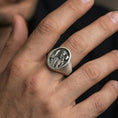 Load image into Gallery viewer, Oxidized 925 sterling silver Jesus Good Shepherd ring worn on finger, Christ carrying lamb relief signet