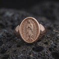 Load image into Gallery viewer, Rose gold plated Marian signet ring with Our Lady of Guadalupe design on volcanic stone