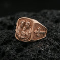 Load image into Gallery viewer, Rose gold plated Holy Family signet ring on volcanic stone, Holy Family portrait with cross side detail