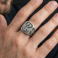 Load image into Gallery viewer, Oxidized 925 sterling silver Holy Family ring worn on finger, Mary Joseph and Child relief with cross band